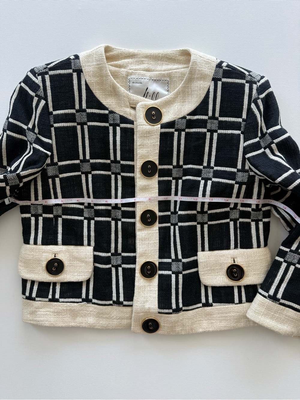 Milly Black and Ivory Cream Linen Blend Cotton Windowpane Tweed Jacket Size 0 XS